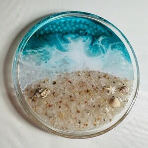 Beach Resin Art Round Trinket Dish-Turquoise and Rocky Beach
